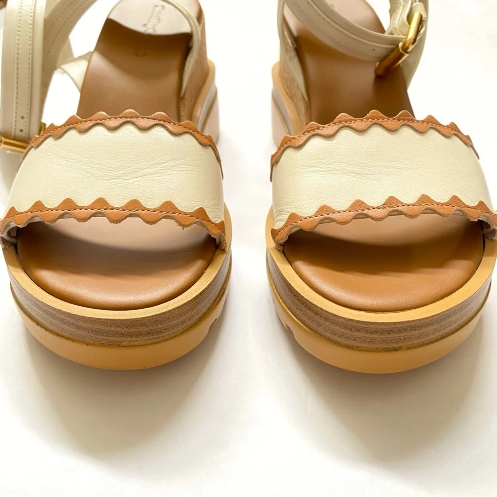 SEE BY CHLOE ROBIN BROWN TAN WHITE ANKLE WRAP BICOLOR PLATFORM WEDGE SANDALS - Picture 4 of 14